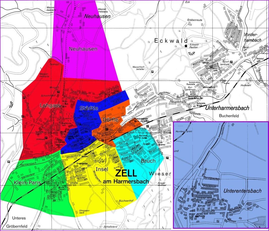 Geographische Karte der Fasendsgemeinschaften in Zell am Harmersbach, inklusive Unterentersbach