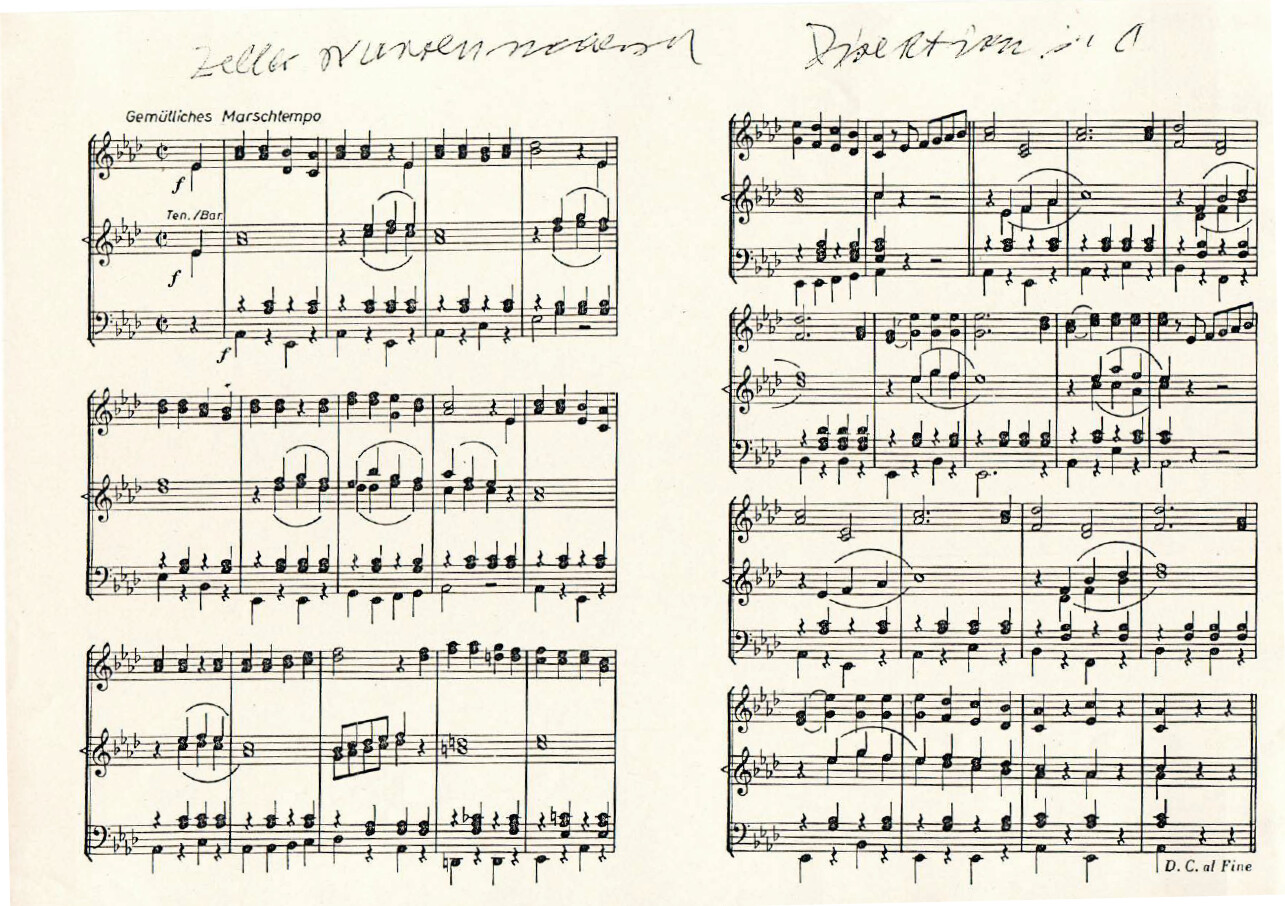 Original-Notenblatt des Zeller Narrenmarsches, handschriftlich betitelt, im gemütlichen Marschtempo